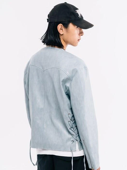 商品VASTIC|Collarless Western Leather Jacket (Sky Blue),价格¥907,第3张图片详细描述