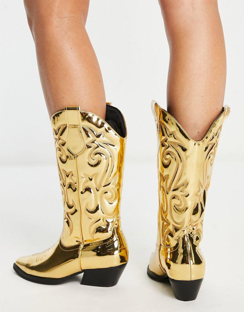 ASOS DESIGN Andi flat western boots in gold mirror商品第4张图片规格展示
