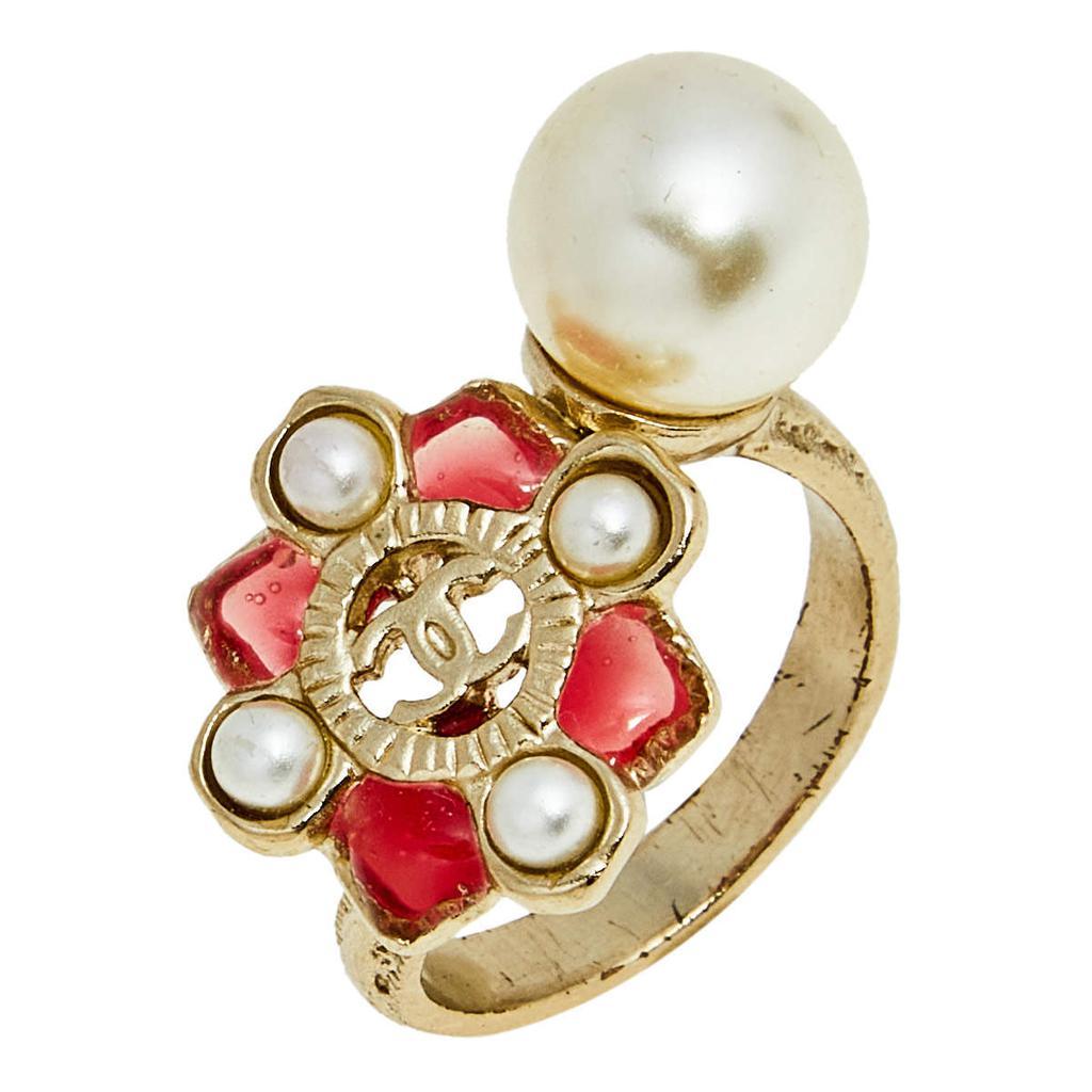 商品[二手商品] Chanel|Chanel Pink Gripoix Pearl Gold Tone Floral Cocktail Ring Size EU 54,价格¥2748,第5张图片详细描述