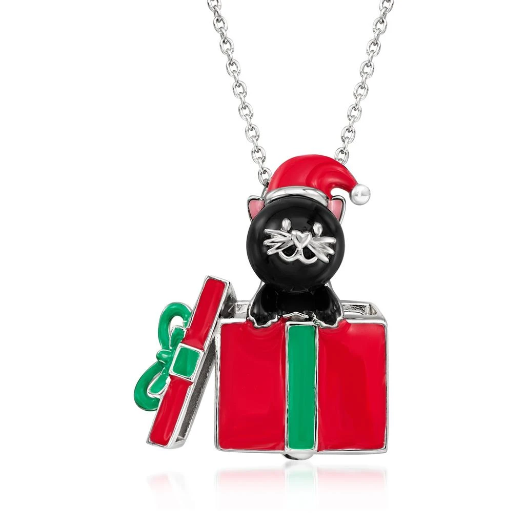 商品Ross-Simons|8mm Black Agate Bead Christmas Cat Pin/Pendant Necklace With Multicolored Enamel in Sterling Silver,价格¥1125,第1张图片