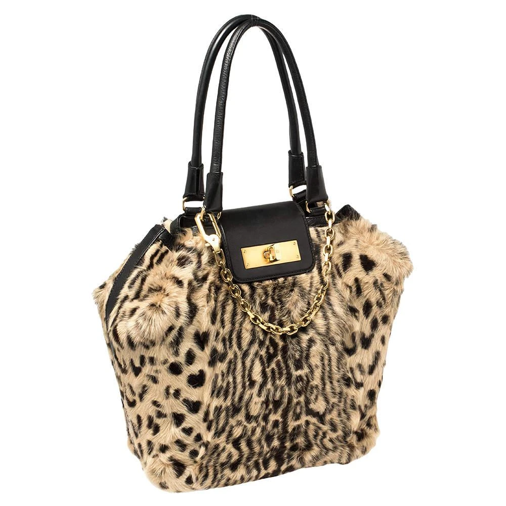 商品[二手商品] Escada|Escada Black/Beige Tiger Print Faux Fur and Leather Turnlock Flap Tote,价格¥784,第3张图片详细描述