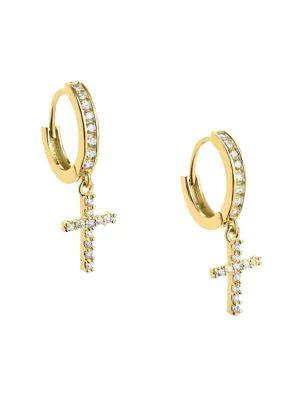 14K Yellow Gold Vermeil & Cubic Zirconia Micro Hoop Cross Earrings商品第2张图片规格展示