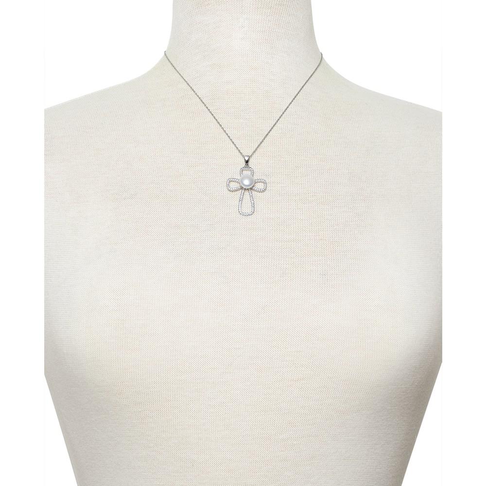 Cultured Freshwater Button Pearl (10mm) & Cubic Zirconia Cross 18" Pendant Necklace in Sterling Silver商品第2张图片规格展示