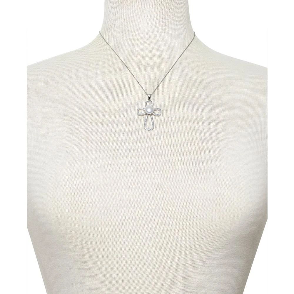 商品Belle de Mer|Cultured Freshwater Button Pearl (10mm) & Cubic Zirconia Cross 18" Pendant Necklace in Sterling Silver,价格¥596,第2张图片详细描述