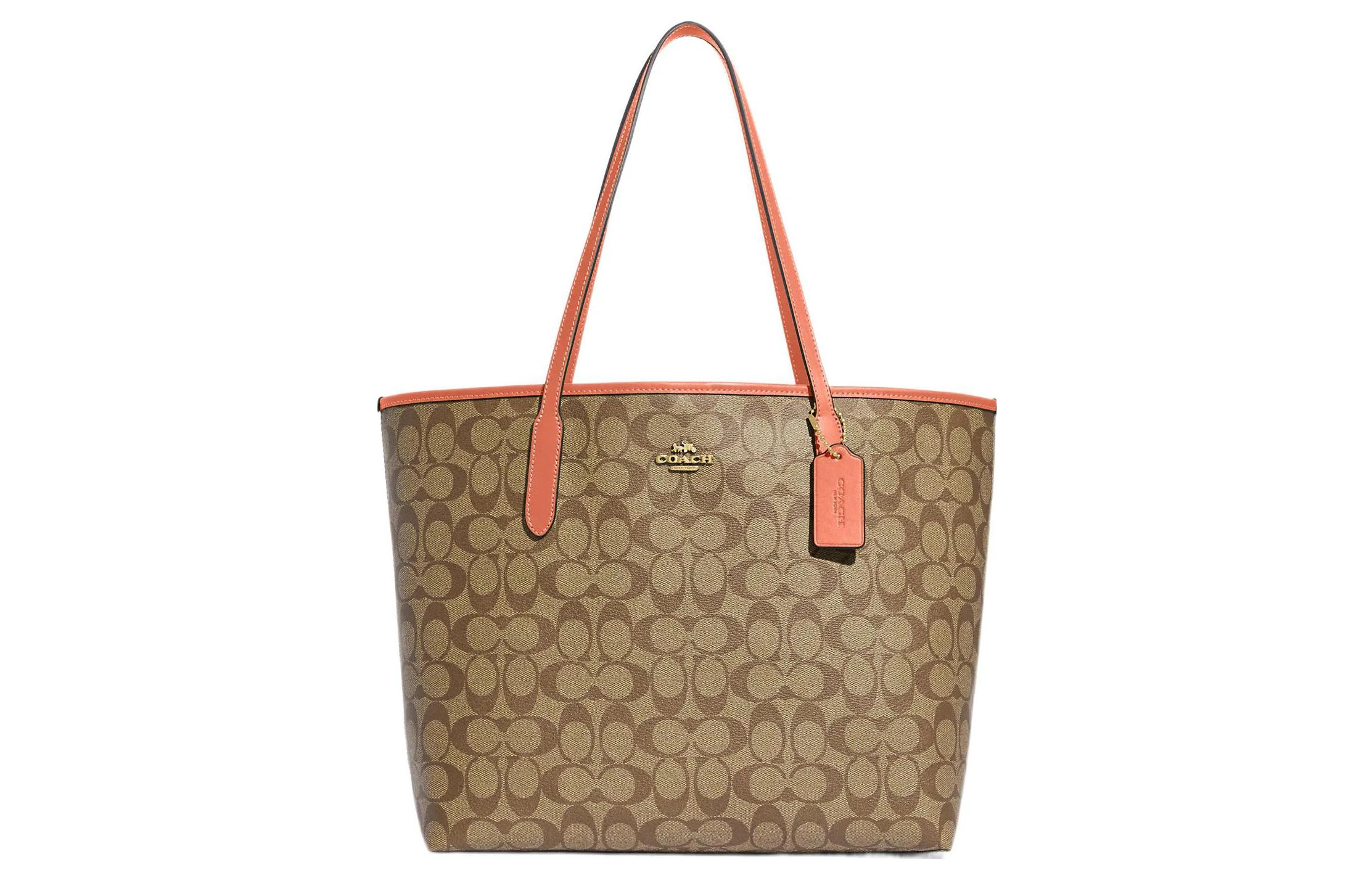 商品[国内直发] Coach|蔻驰 City 33 经典老花按扣开合 PVC 托特包Tote包购物袋手提单肩包 大号 女款 卡其色拼浅珊瑚色,价格¥1864,第1张图片