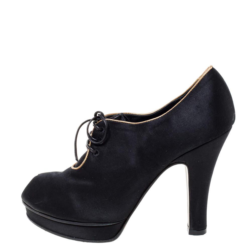Fendi Black Satin Platform Peep Toe Lace Up Ankle Booties Size 37商品第2张图片规格展示