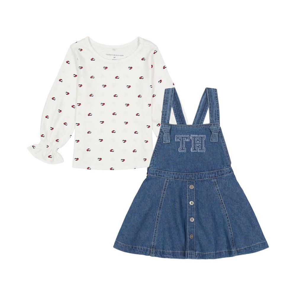商品Tommy Hilfiger|Little Girls Logo-Heart Long Sleeve T-shirt and Denim Logo Pinafore, 2 Piece Set,价格¥256,第1张图片