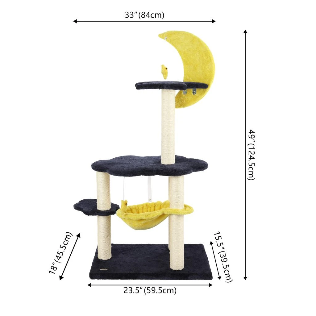 商品THE LICKER STORE|Aurora 49" 3-Tier Modern Sisal Moon And Stars Cat Tree with Scratching Posts, Basket, and Fuzzy Bell Toys, Navy/Yellow/White,价格¥1081,第5张图片详细描述
