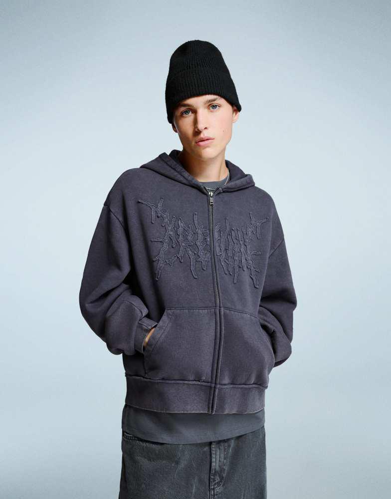 Bershka Cropped boxy fit zip-up hoodie in mid blue – On Sale Now
