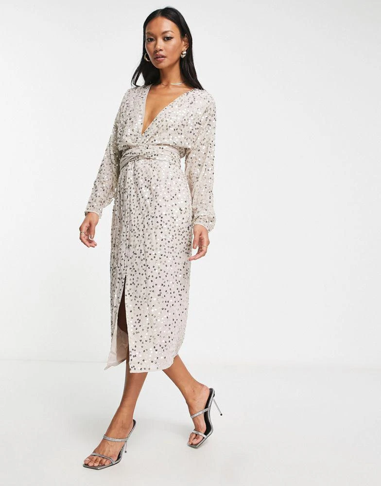 商品ASOS|ASOS DESIGN midi dress with batwing sleeve and wrap waist in scatter sequin,价格¥486,第4张图片详细描述