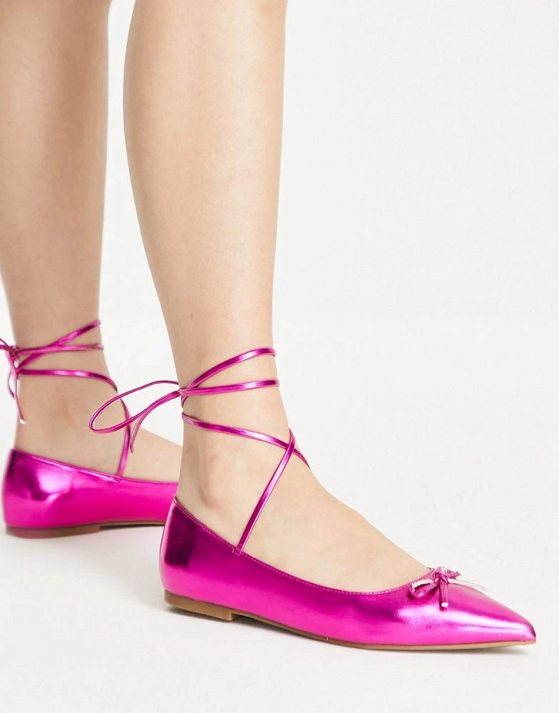商品ASOS|ASOS DESIGN Lassie tie leg ballet flats in pink metallic,价格¥95,第4张图片详细描述