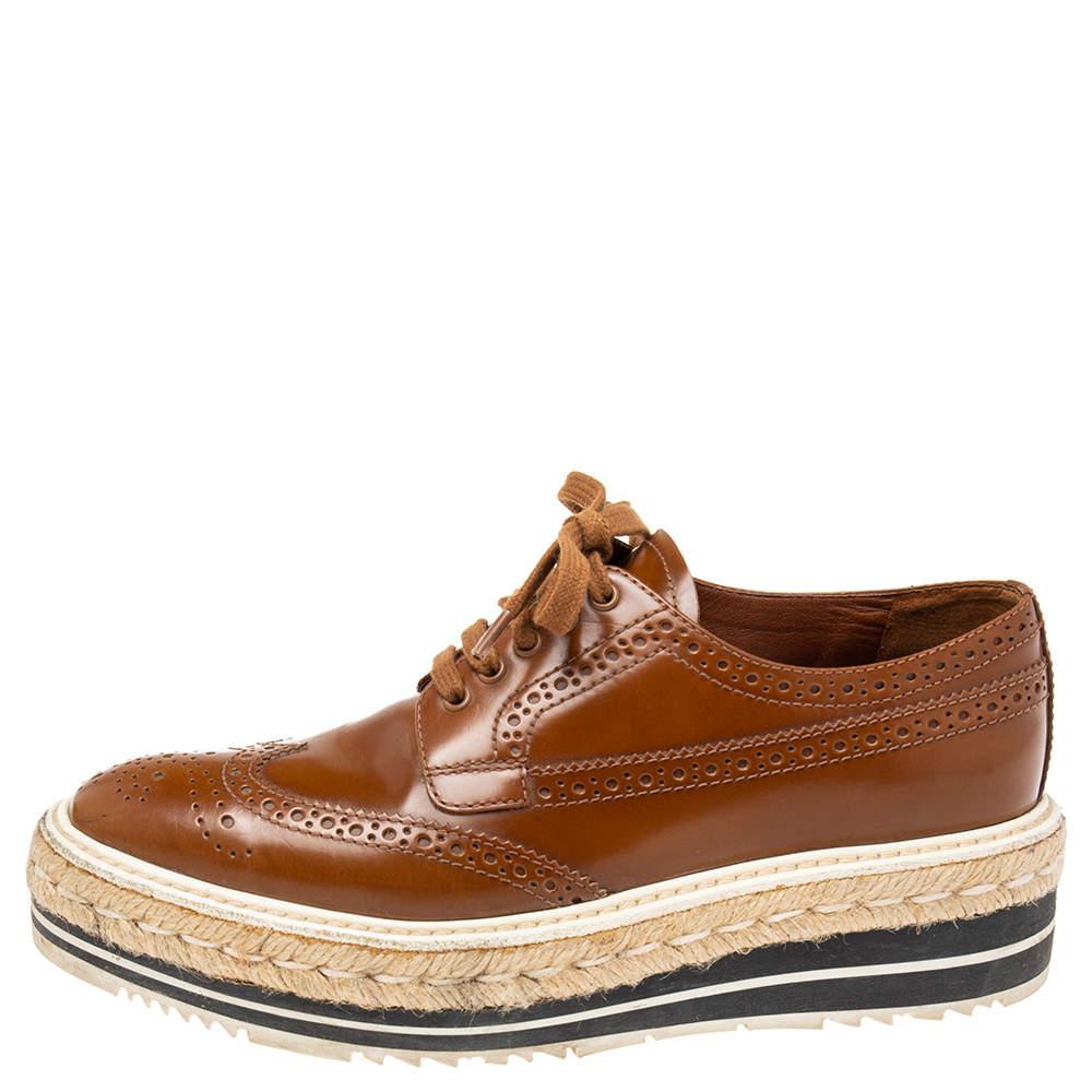 Prada Brown Brogue Leather Espadrille Derby Sneakers Size 37商品第2张图片规格展示