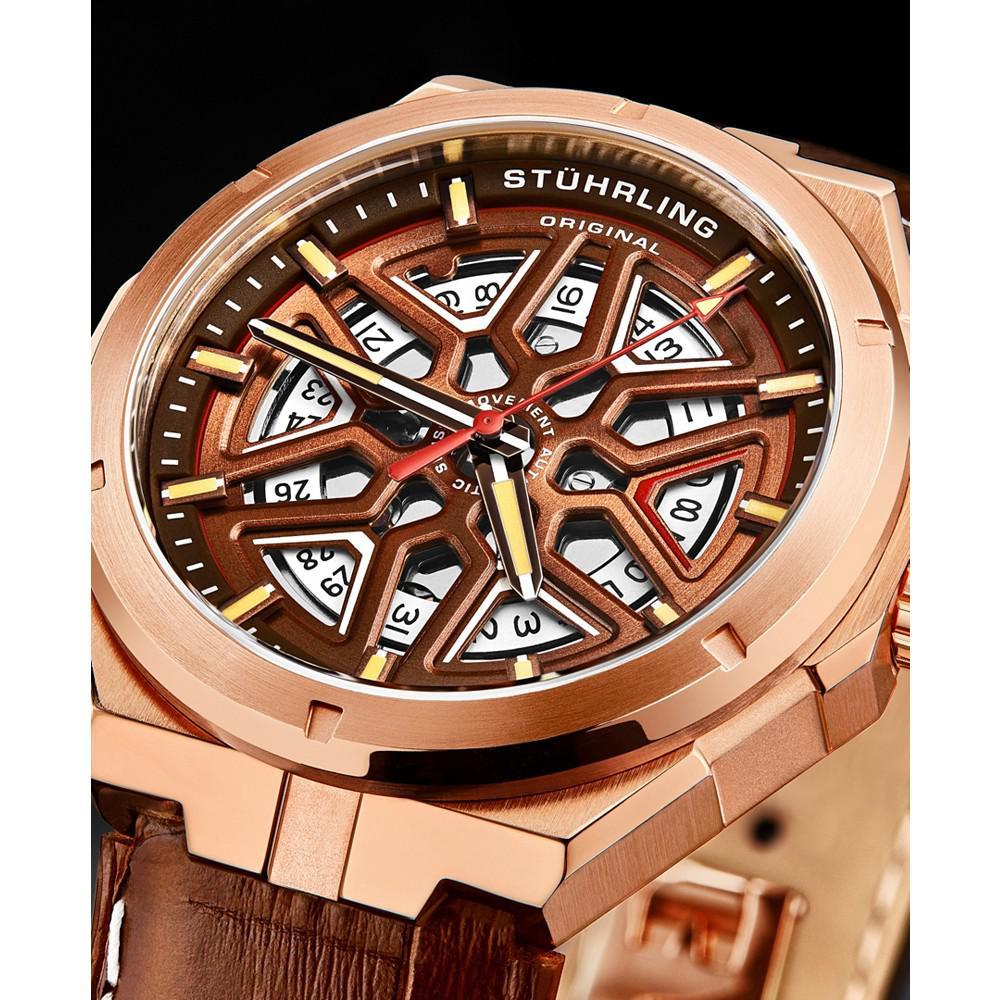 商品Stuhrling|Men's Automatic Brown Alligator Embossed Genuine Leather Strap with White Stitching Watch 44mm,价格¥2913,第6张图片详细描述