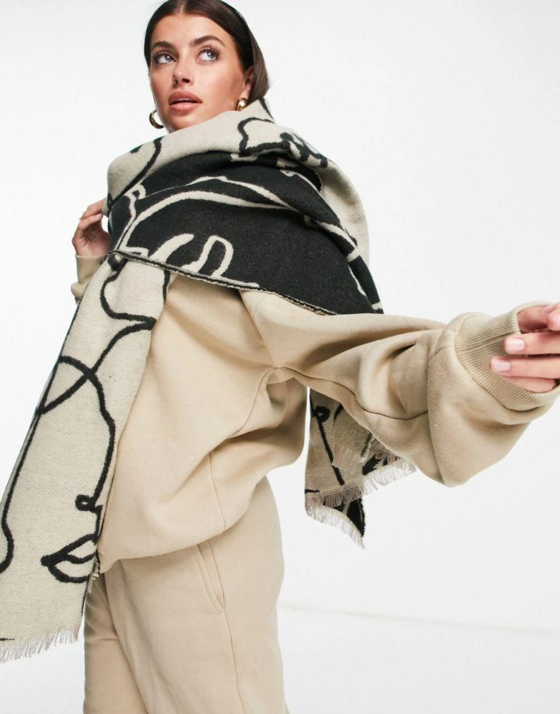 商品ASOS|ASOS DESIGN abstract face jacquard woven scarf in stone and black,价格¥186,第2张图片详细描述