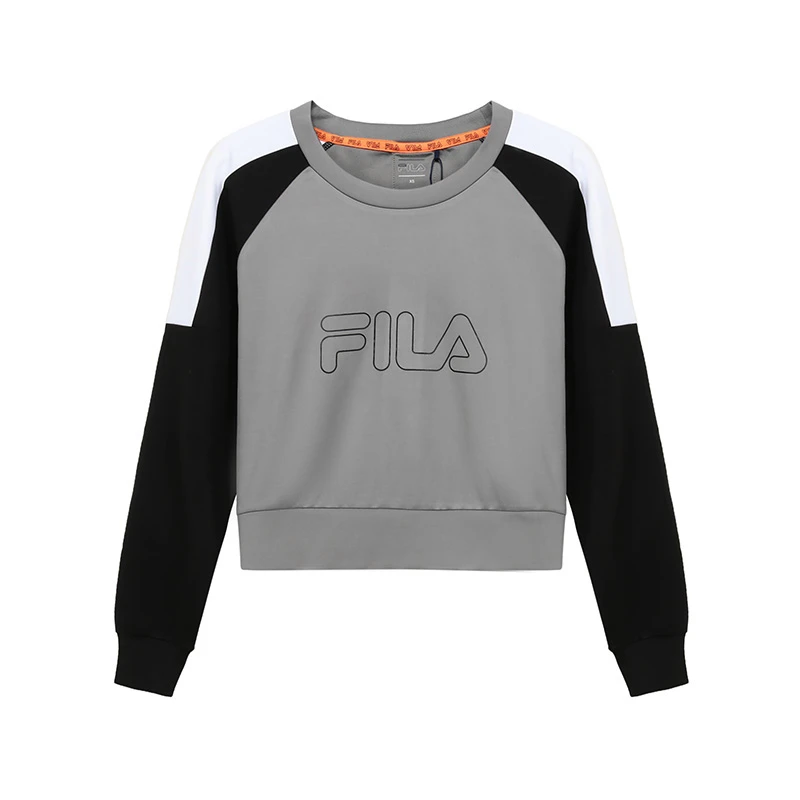 商品[国内直发] Fila|FILA 女士灰色黑白拼色聚酯纤维短款圆领长袖卫衣 683143-A771,价格¥393,第1张图片