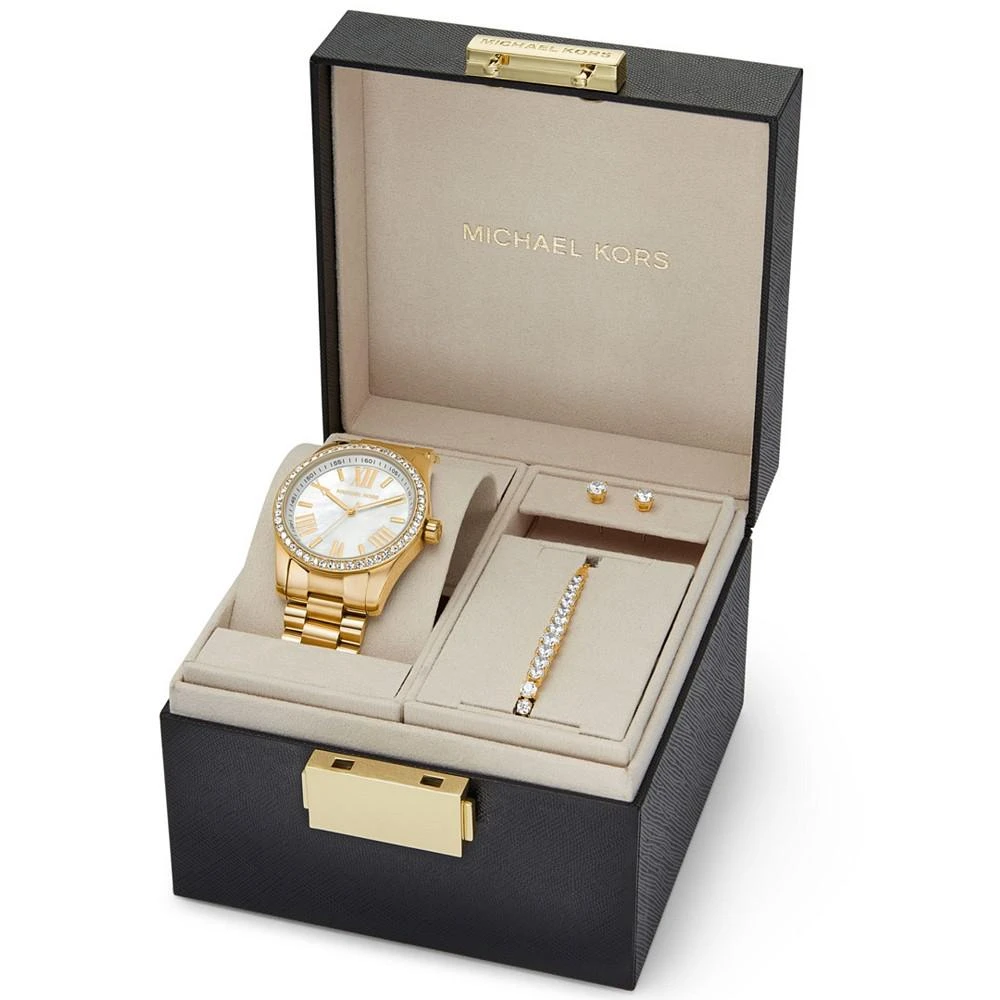 商品Michael Kors|Women's Lexington Three-Hand Gold-Tone Stainless Steel Watch 38mm and Jewelry Gift Set,价格¥2975,第4张图片详细描述