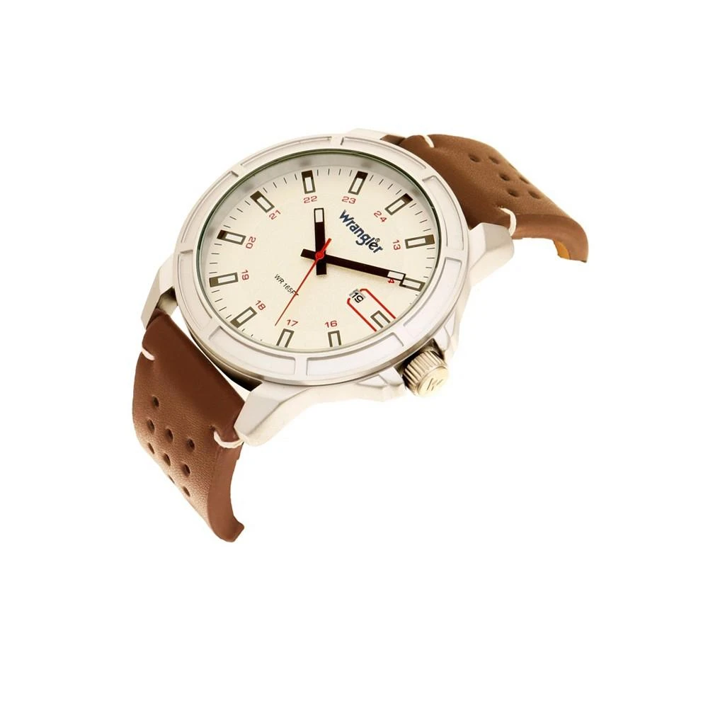 商品Wrangler|Men's, 48MM Silver Case with White Dial, White Index Markers, Sand Satin Dial, Analog, Date Function , Red Second Hand, Brown Strap with White Accent Stitch,价格¥425,第2张图片详细描述