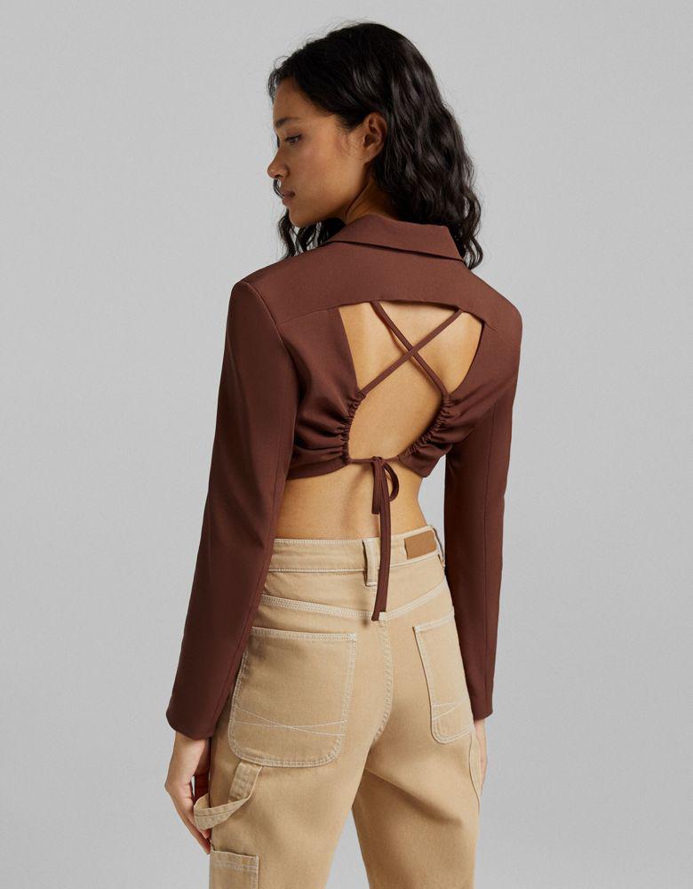 Bershka open back cropped blazer co-ord in chocolate商品第3张图片规格展示