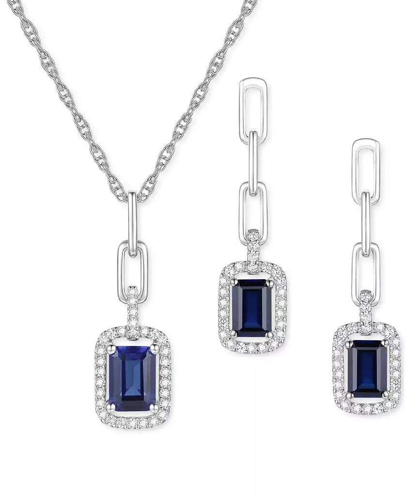 商品Macy's|2-Pc. Set Lab-Grown Sapphire (2-1/2 ct. t.w.) & Lab-Grown White Sapphire (3/8 ct. t.w.) Halo Pendant Necklace & Drop Earrings in Sterling Silver,价格¥648,第1张图片