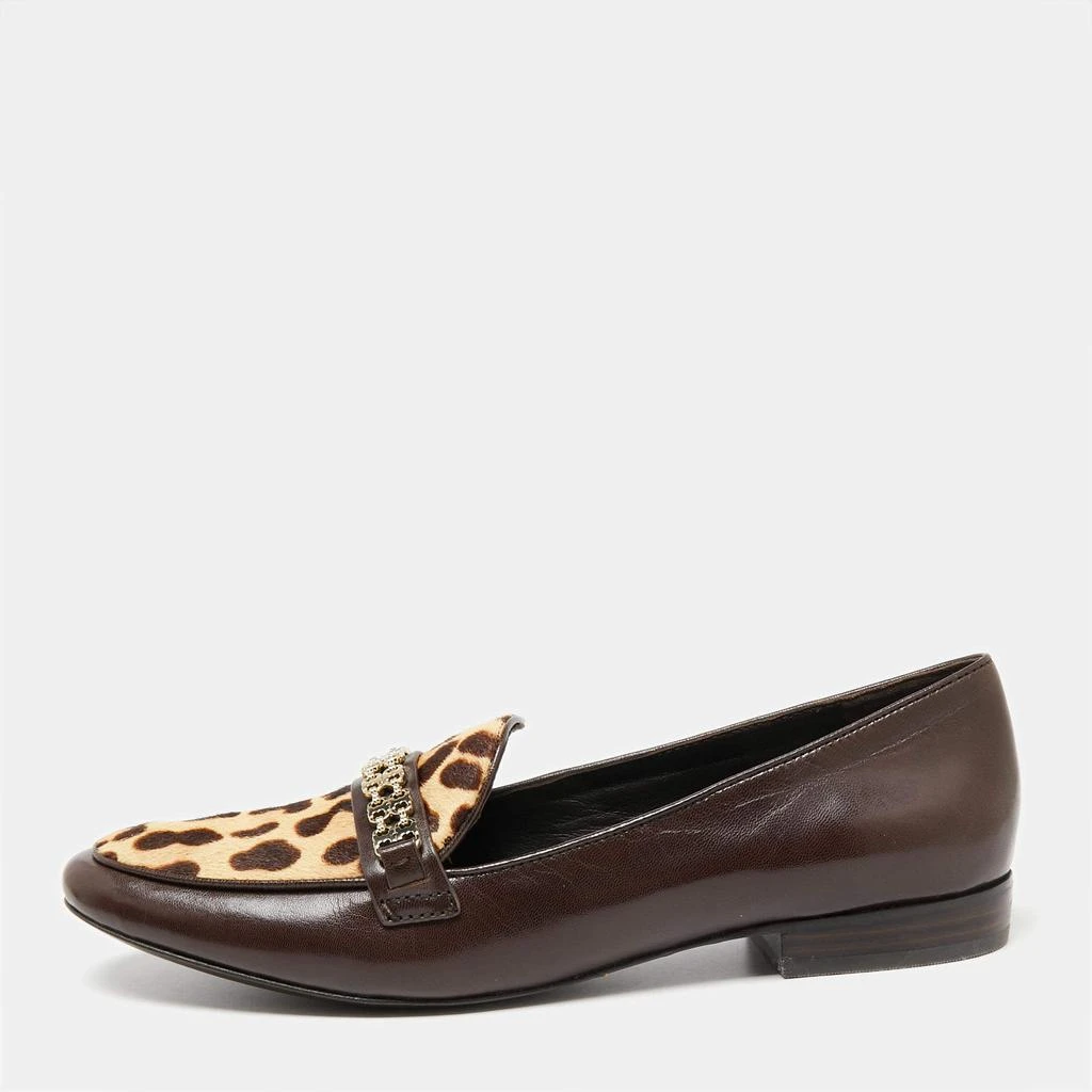 商品Tory Burch|Tory Burch Dark Brown Leather Leopard Print Calf hair Gemini Link Slip On Loafers Size 41,价格¥1425,第1张图片