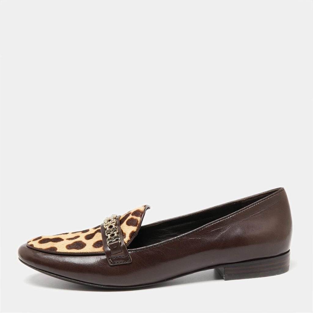 商品Tory Burch|Tory Burch Dark Brown Leather Leopard Print Calf hair Gemini Link Slip On Loafers Size 41,价格¥1353,第1张图片