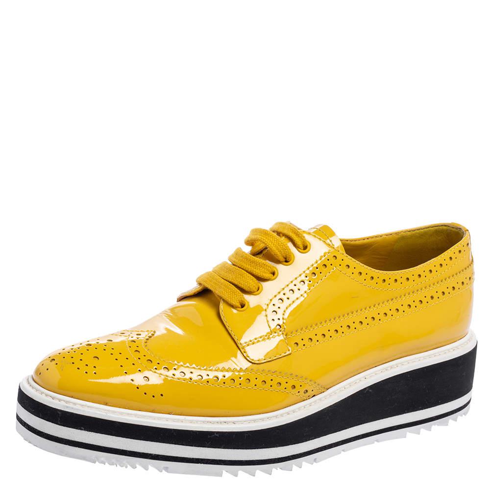 Prada Yellow Brogue Patent Leather Platform Derby Size 38商品第1张图片规格展示