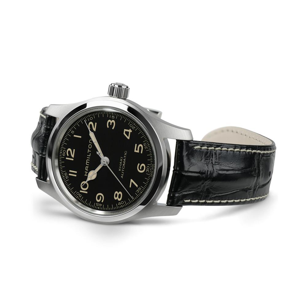 Men’s Swiss Automatic Khaki Field Black Leather Strap Watch 42mm商品第6张图片规格展示