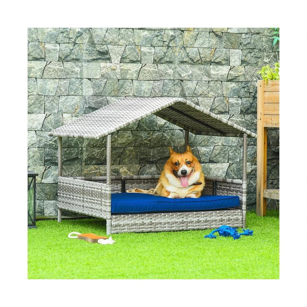商品PawHut|Elevated Wicker Dog House, Raised Rattan Pet Bed Cabana Canopy, Blue,价格¥1451,第3张图片详细描述