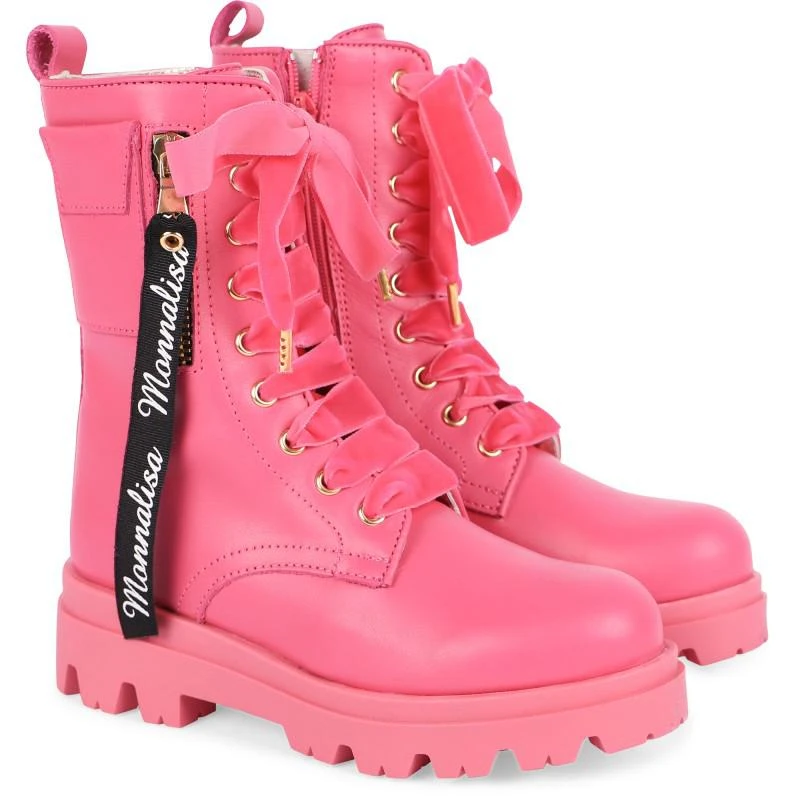 商品MONNALISA|Lace up logo leather boots in pink,价格¥2098,第1张图片