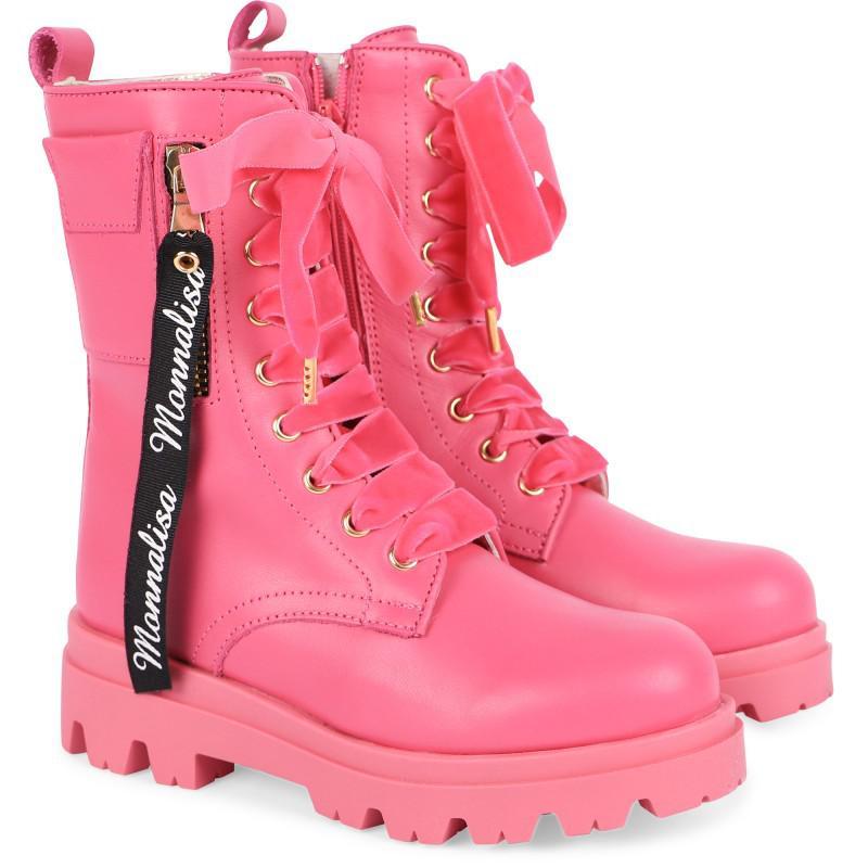 商品MONNALISA|Lace up logo leather boots in pink,价格¥2549-¥2646,第1张图片