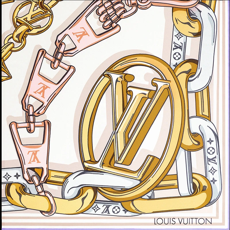 商品Louis Vuitton|预订款1个月 路易威登 BEJEWELED 90系列 女士米色桑蚕丝链带锁扣印花方巾丝巾M77655,价格¥4315,第6张图片详细描述