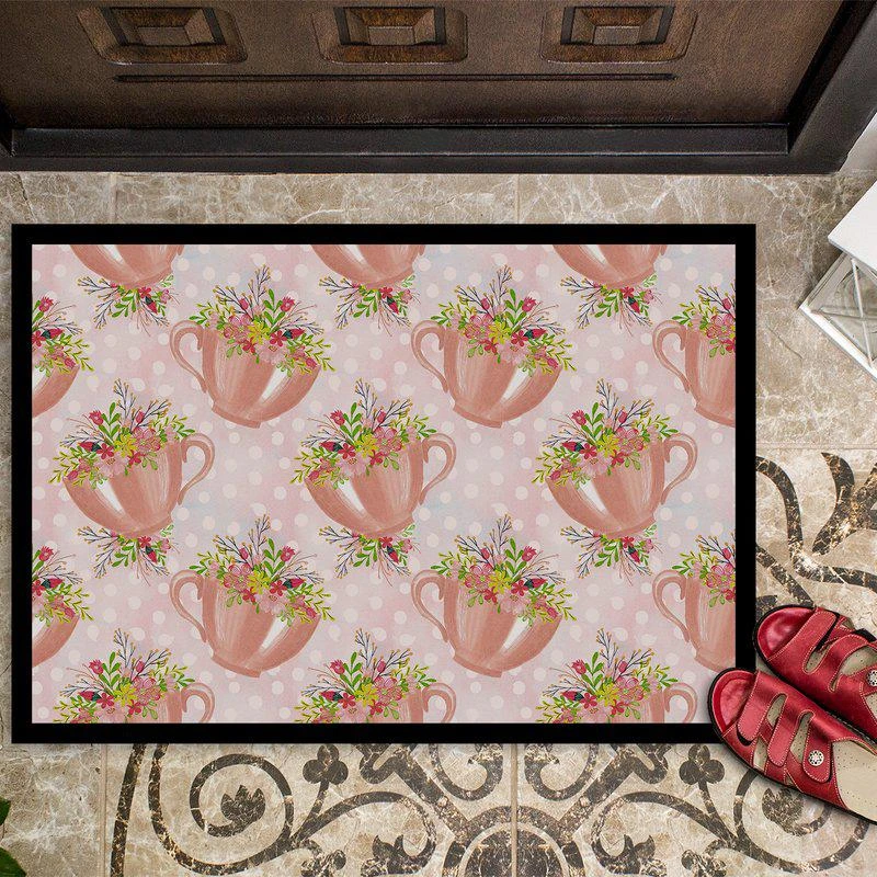 商品Caroline's Treasures|24 in x 36 in Tea Cup and Flowers Pink Door Mat Indoor/Outdoor,价格¥307,第2张图片详细描述