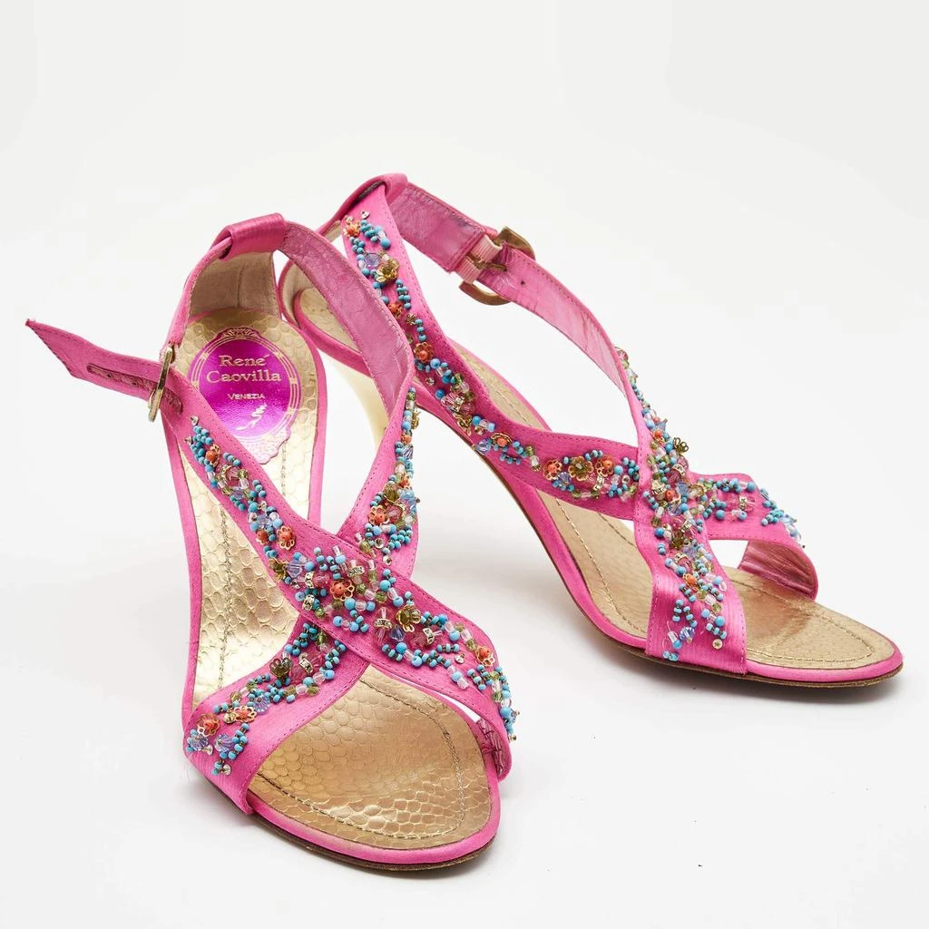 商品[二手商品] Rene Caovilla|René Caovilla Pink Satin Embellished Criss Cross Ankle Strap Sandals Size 38.5,价格¥1027,第4张图片详细描述