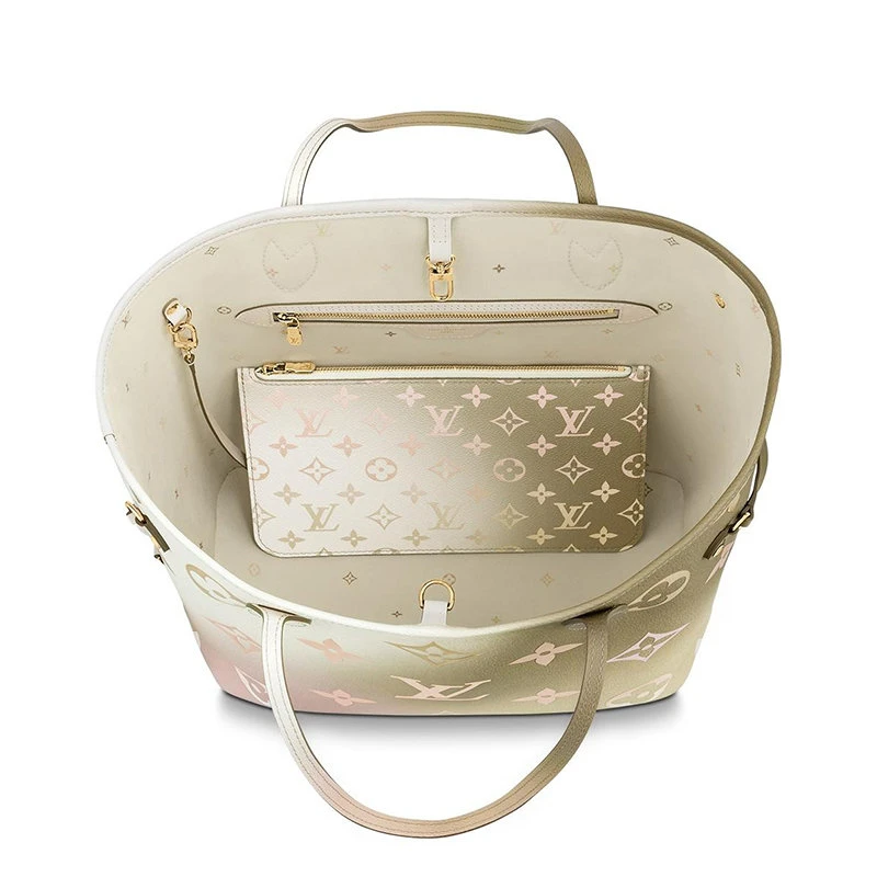 商品Louis Vuitton|【预售3-7天】LouisVuitton/路易威登22春夏新款NEVERFULL系列女士中号日落卡其色老花帆布金扣配可拆卸小袋抽绳开合单肩斜跨包M59859,价格¥19608,第6张图片详细描述