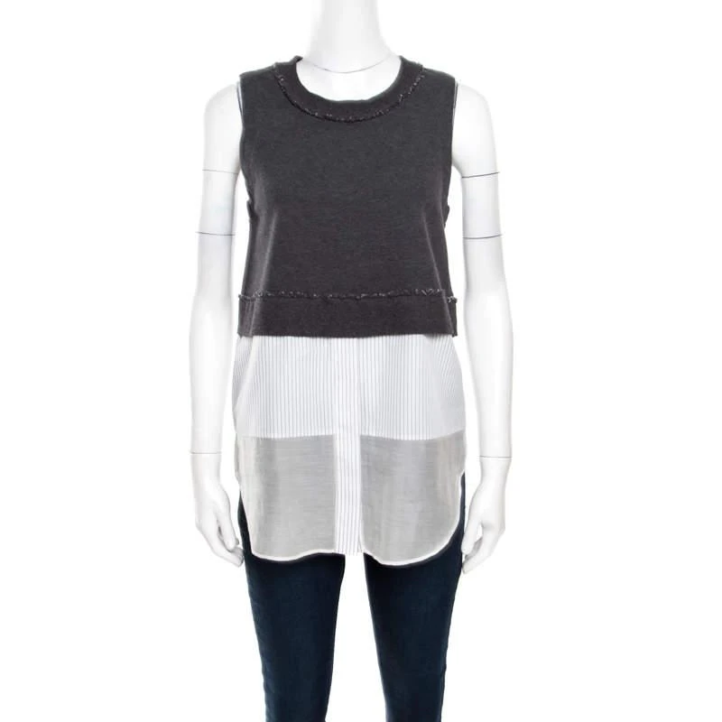 商品[二手商品] Derek Lam|10 Crosby Derek Lam Grey and White Knit Striped Layered Sleeveless Blouse S,价格¥1238,第1张图片