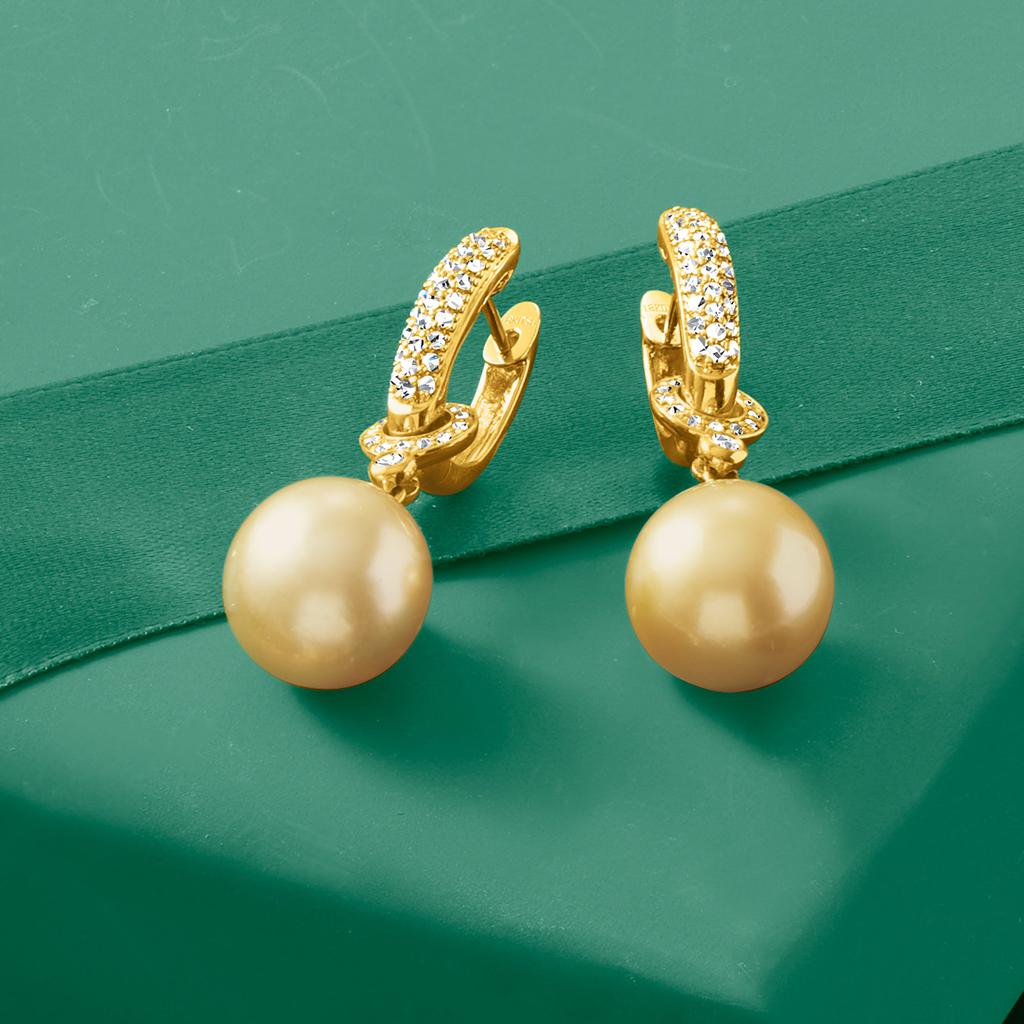 Ross-Simons 12-13mm Golden Cultured South Sea Pearl and . Diamond Hoop Drop Earrings in 18kt Yellow Gold商品第5张图片规格展示