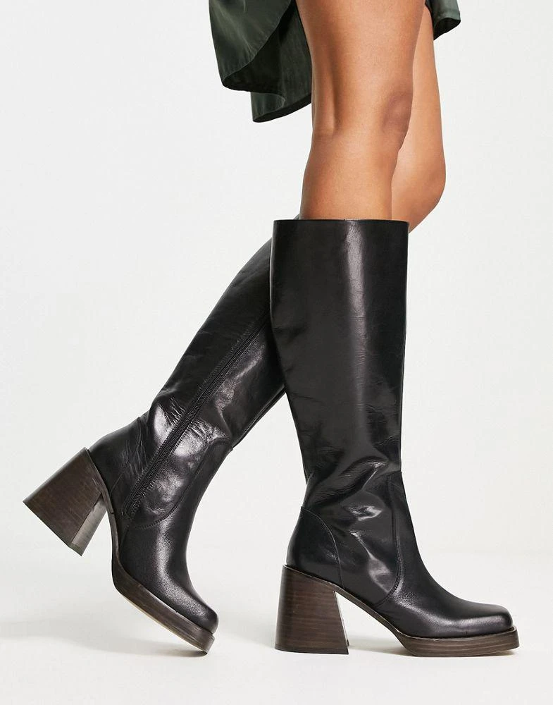 商品ASOS|ASOS DESIGN Cracking leather mid-heel knee boots in black,价格¥466,第1张图片