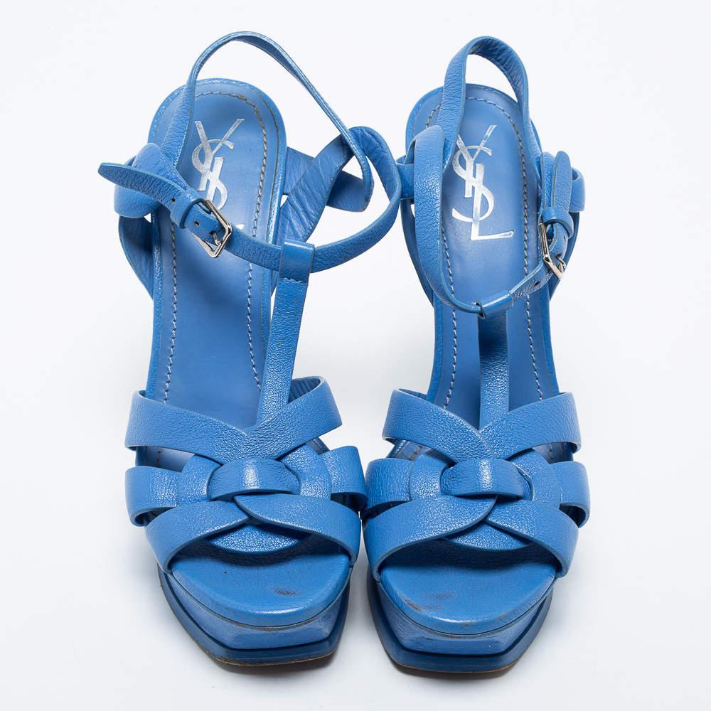 商品[二手商品] Yves Saint Laurent|Saint Laurent Blue Leather Tribute Ankle Sandals Size 38,价格¥2585,第5张图片详细描述