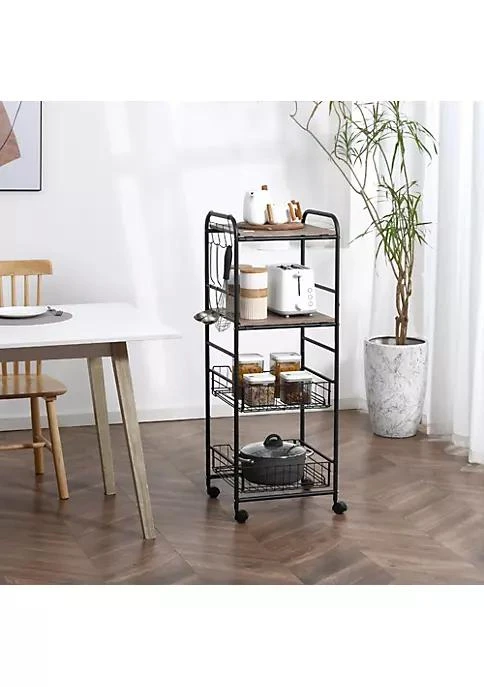 商品HOMCOM|16 4 Tier Rolling Kitchen Cart Utility Storage Trolley With 2 Basket Drawers Side Hooks For Dining Room And Kitchen Oak,价格¥379,第3张图片详细描述