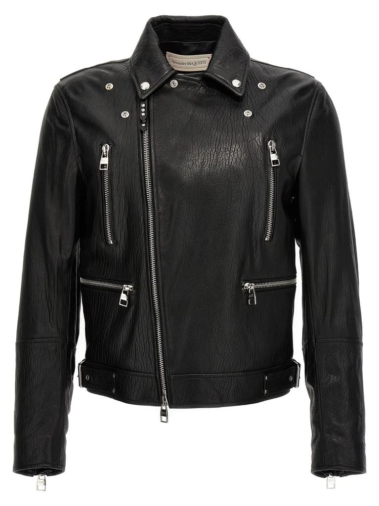 商品Alexander McQueen|Texture Leather Jacket Casual Jackets, Parka Black,价格¥22829,第2张图片详细描述