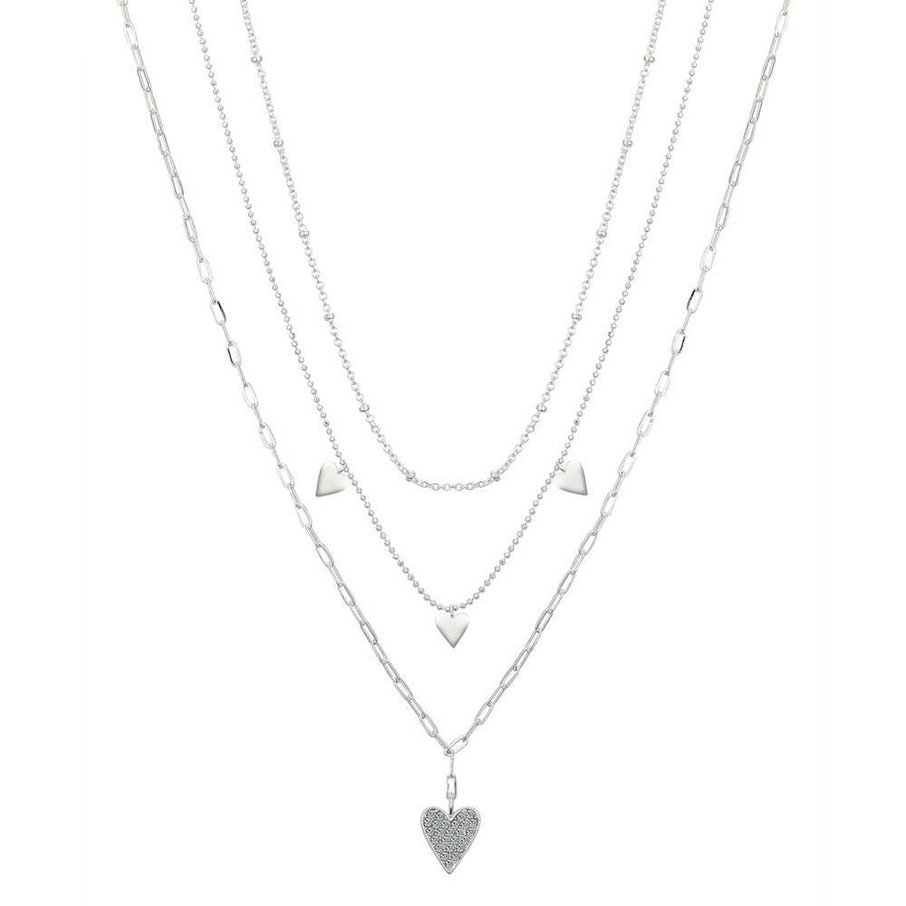 Fine Silver Plated Brass Crystal Heart Pendant on a Link Chain, Beaded Chain and Beaded Triple Heart Chain, 3 Piece Necklace Set商品第1张图片规格展示