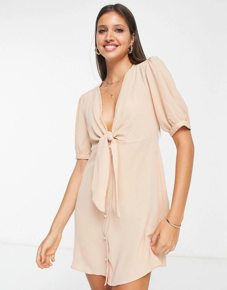 商品ASOS|ASOS DESIGN tie front button through mini dress in stone,价格¥60,第4张图片详细描述