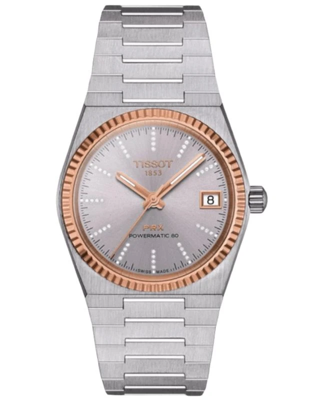 商品Tissot|Tissot PRX Powermatic 80 35mm Automatic Grey Diamond Dial 18K Rose Gold Bezel Steel Women's Watch T931.207.41.336.00,价格¥12449,第1张图片