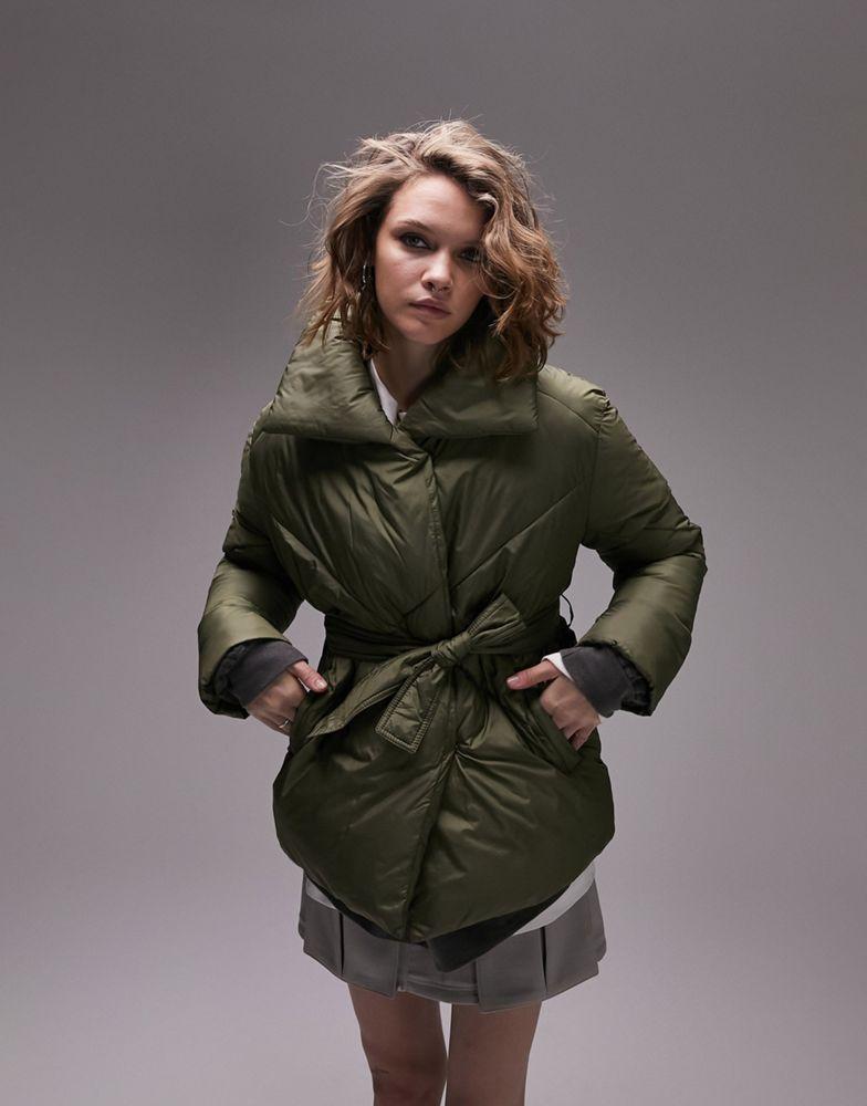 Topshop mid length tie belted puffer jacket in green商品第1张图片规格展示