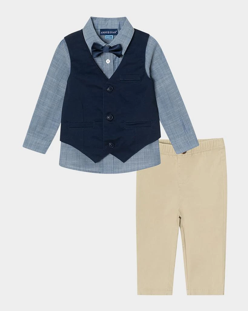 商品Andy & Evan|Boy's Plaid Button Down Bodysuit W/ Vest & Bowtie Set, Size Newborn-24M,价格¥422,第1张图片