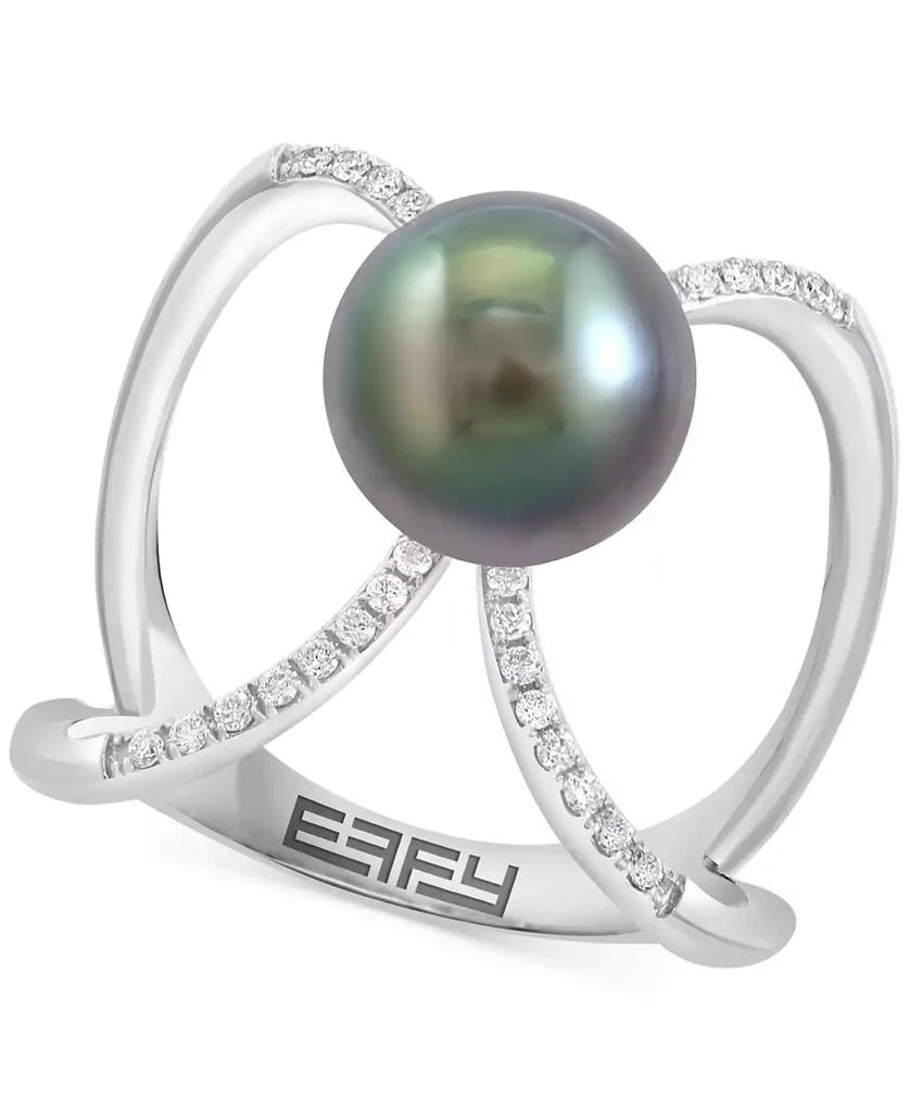 商品Effy|EFFY® Cultured Tahitian Pearl (9mm) & Diamond (1/10 ct. t.w.) Openwork Statement Ring in 14k White Gold,价格¥6168,第1张图片