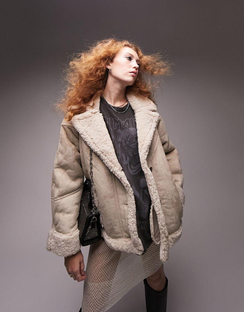 Topshop faux shearling car coat in taupe商品第3张图片规格展示