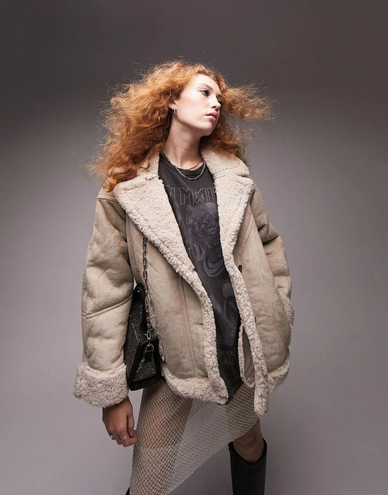 商品Topshop|Topshop faux shearling car coat in taupe,价格¥486,第3张图片详细描述