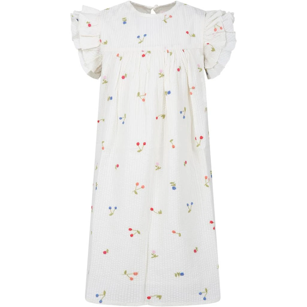 商品Bonpoint|White Dress For Girl With All-over Cherry And Multicolor Flower Embroidery,价格¥1726,第1张图片