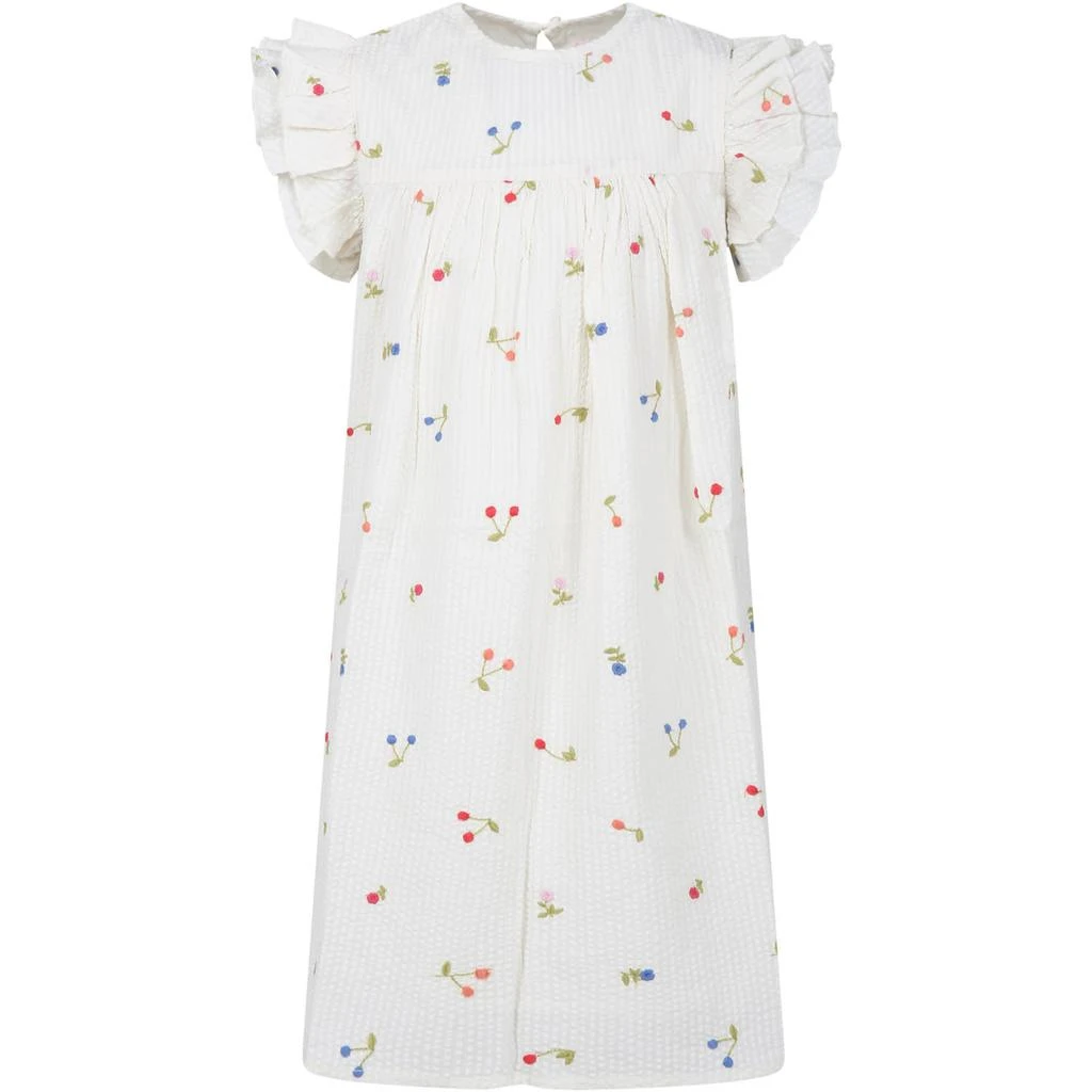 商品Bonpoint|White Dress For Girl With All-over Cherry And Multicolor Flower Embroidery,价格¥1851,第1张图片